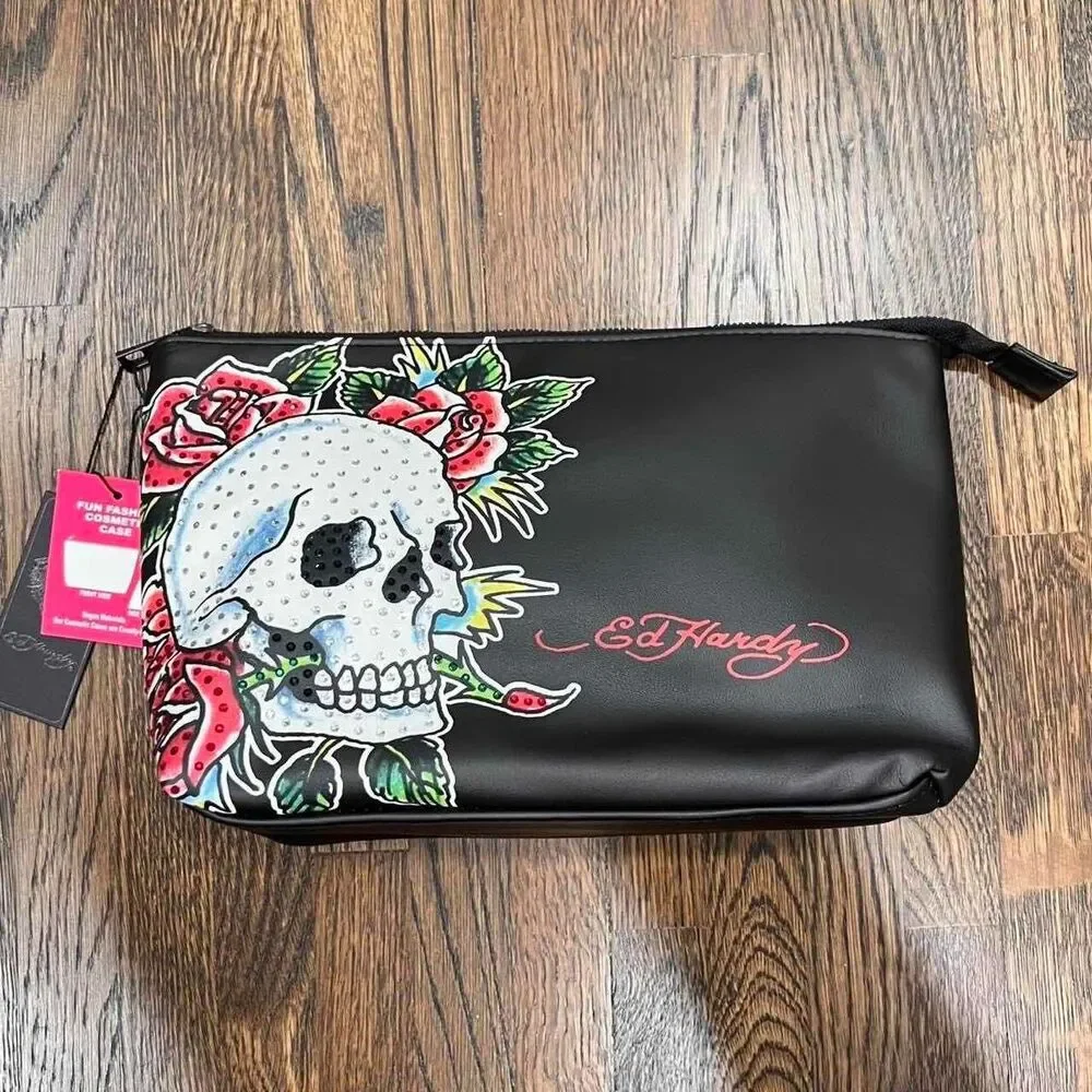 ed hardy skull rose flower makeup cosmetic toiletry bag bedazzled rhinestone NWT